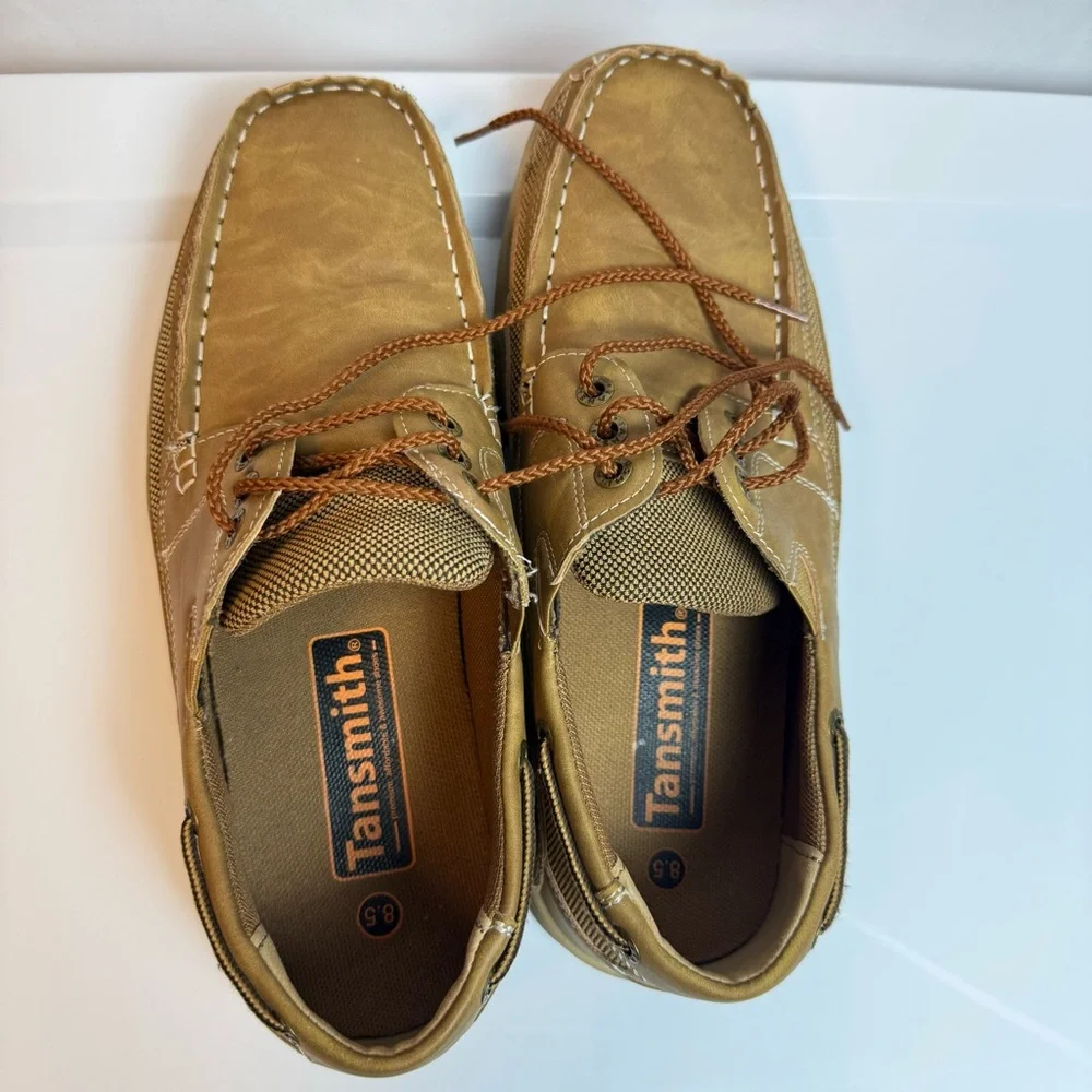 Tansmith Mens Tan Boat Shoes sz 8.5 Boho Casual Lace Up Simulated Leather‎ Mesh